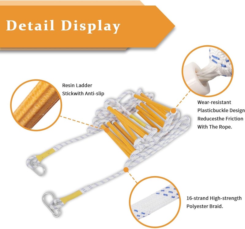DELLNA Rope Ladder, Fire Escape Ladder 2 Story Window, Flame Resistant Safety Extension Fire Ladders with 2 Hooks (2M, 6.6FT) - Image 2